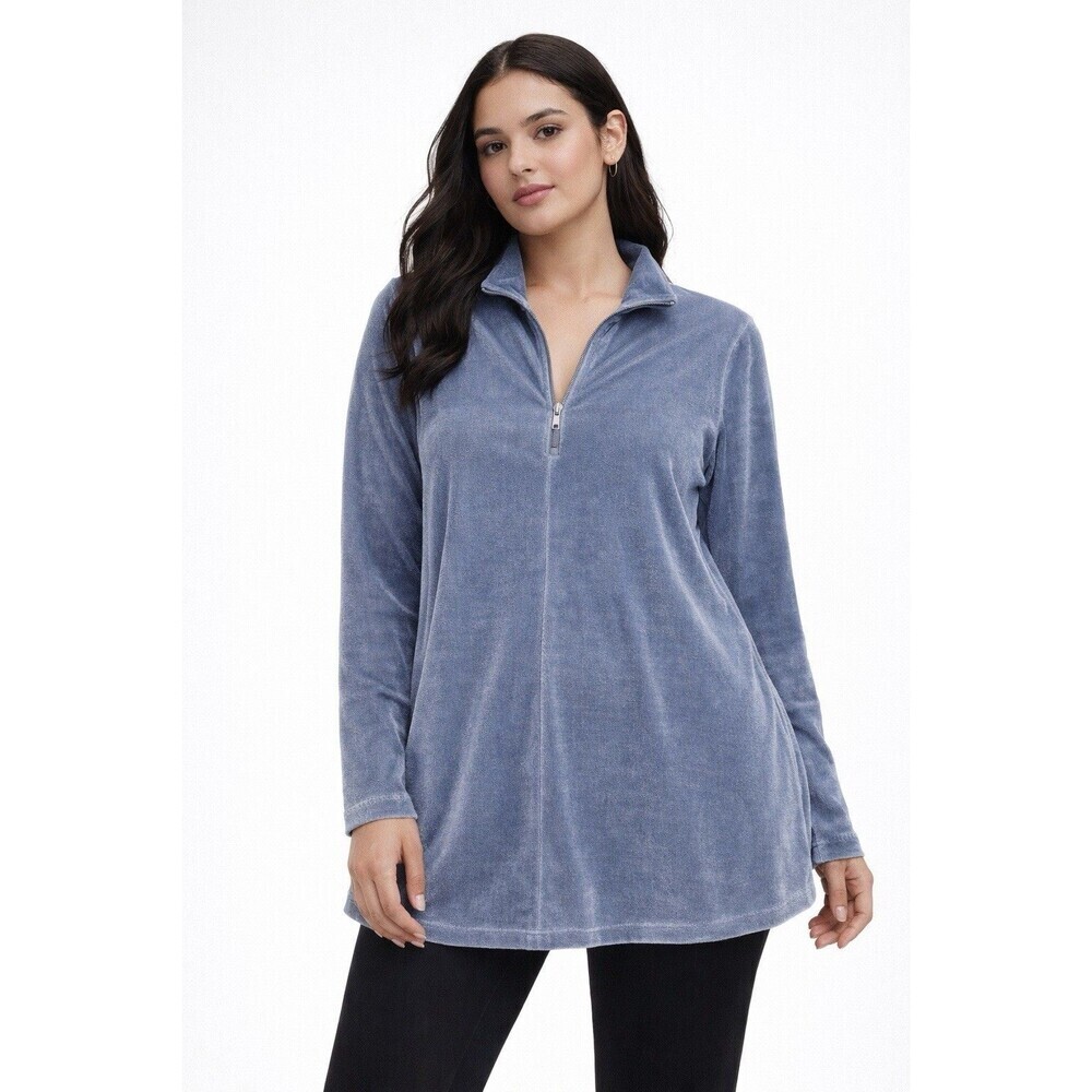 Soft Surroundings PM Petite Medium Textured Velvet 1/4 Zip Shirt Blue Shimmer